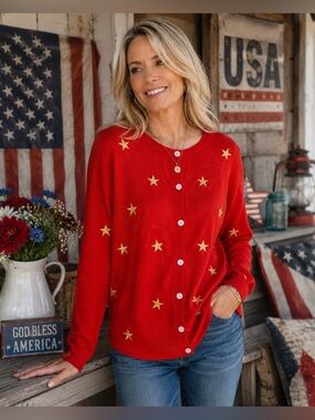 Quacker Factory Red Gold Long Sleeve Cardigan Sweater Size Large
